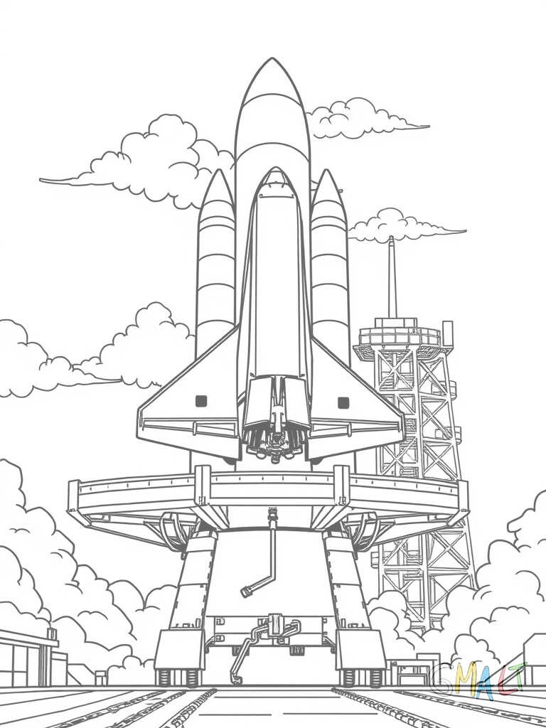 Ein Space Shuttle steht startbereit auf der Startrampe. Die beiden großen Hilfstriebwerke sind deutlich zu sehen. Aus den Düsen steigen erste Rauchwolken auf. Im Hintergrund ist der Startturm mit seinen Versorgungsleitungen zu erkennen.