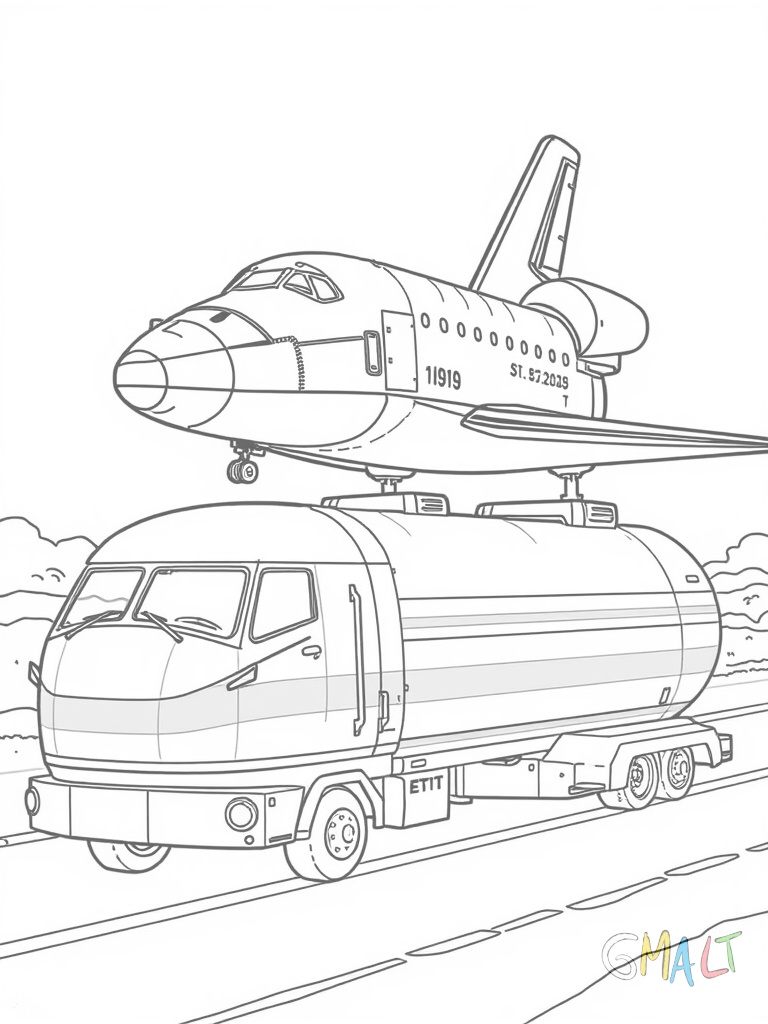 Ein Space Shuttle wird auf dem Transportfahrzeug zum Startplatz gefahren. Das riesige Raupentransportfahrzeug ist von der Seite zu sehen. Darauf thront das aufrecht stehende Shuttle mit seinem Außentank.