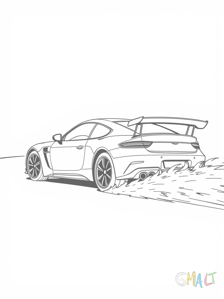 Ein schwarzer Sportwagen driftet um eine Kurve. Die Hinterreifen qualmen und der Wagen ist in Schräglage.