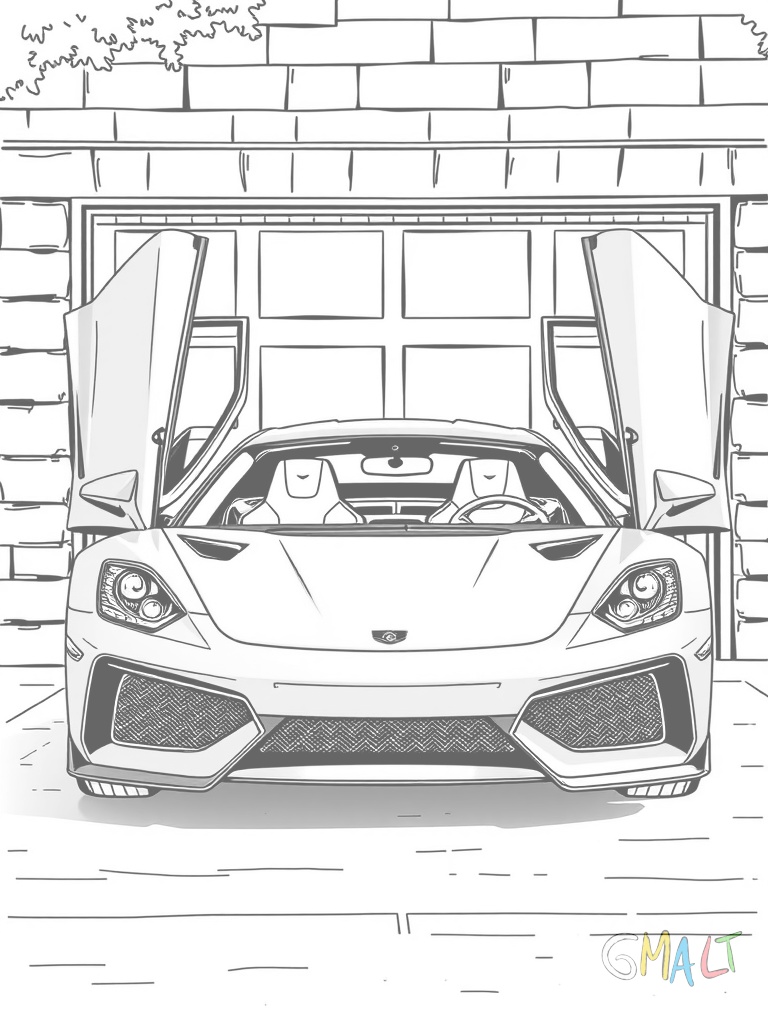 Ein gelber Sportwagen steht vor einer Garage. Die Flügeltüren sind nach oben geöffnet und zeigen die sportlichen Sitze im Inneren.