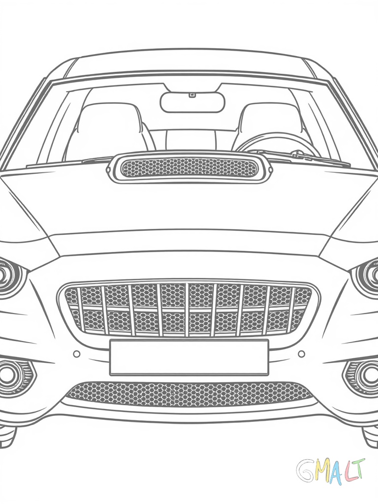 Ein silberner Sportwagen in Vorderansicht mit eingeschalteten Scheinwerfern. Der große Kühlergrill und die breite Frontschürze sind gut erkennbar.