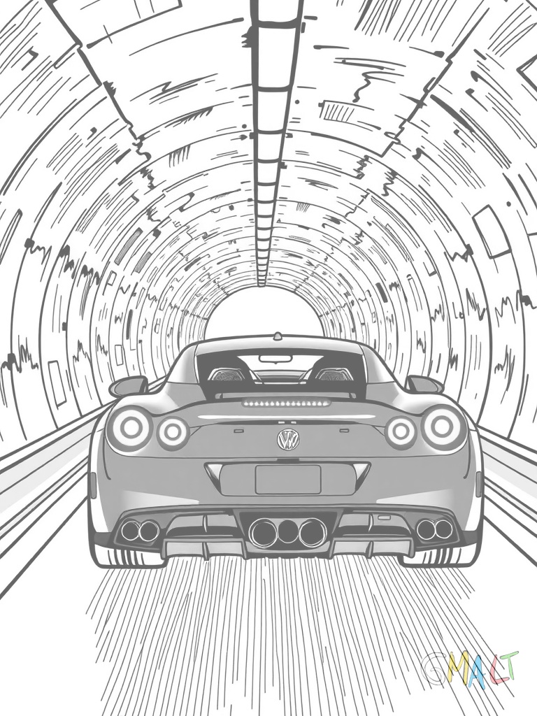 Ein violetter Sportwagen fährt durch einen Tunnel. Die Rücklichter leuchten und spiegeln sich auf der Tunnelwand.