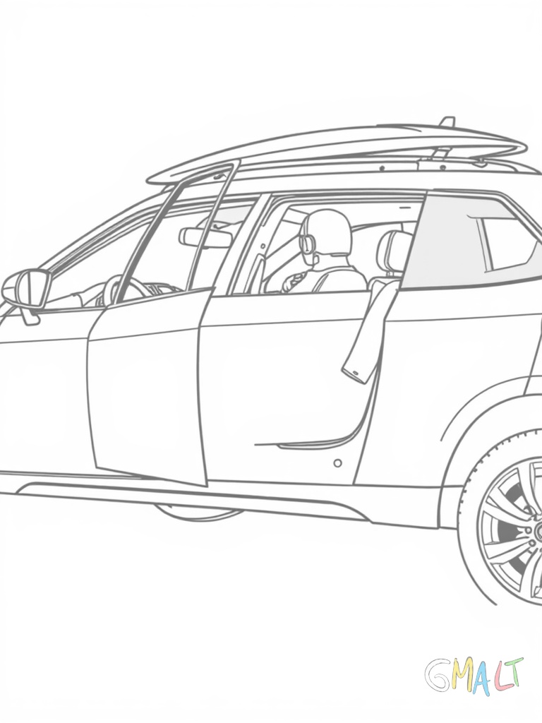 Ein weißer Sportwagen im Profil mit offenen Schiebetüren. Der Fahrer steigt gerade ein und ein Surfbrett ist auf dem Dach befestigt.