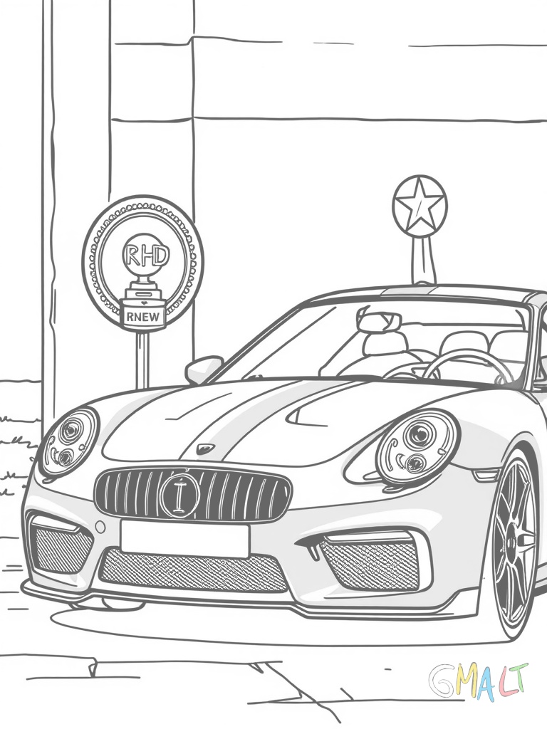 Ein roter Sportwagen steht neben einem Rennpokal. Der Wagen hat Rennstreifen auf der Motorhaube und einen großen Siegerkranz hängt an der Tür.