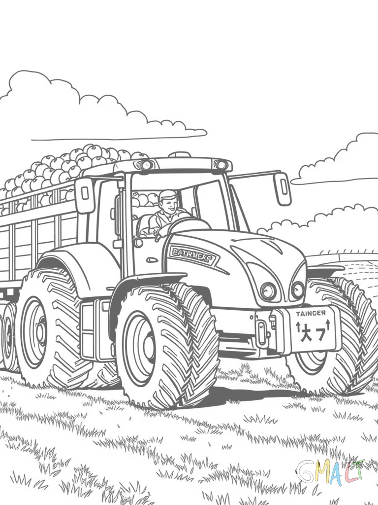 Ein Traktor zieht einen Anhänger voller Äpfel die Räder haben ein markantes Profil