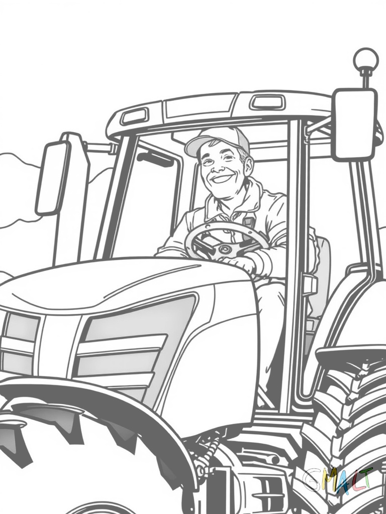 Ein Bauer sitzt auf seinem Traktor und winkt fröhlich die Leiter zur Fahrerkabine ist sichtbar