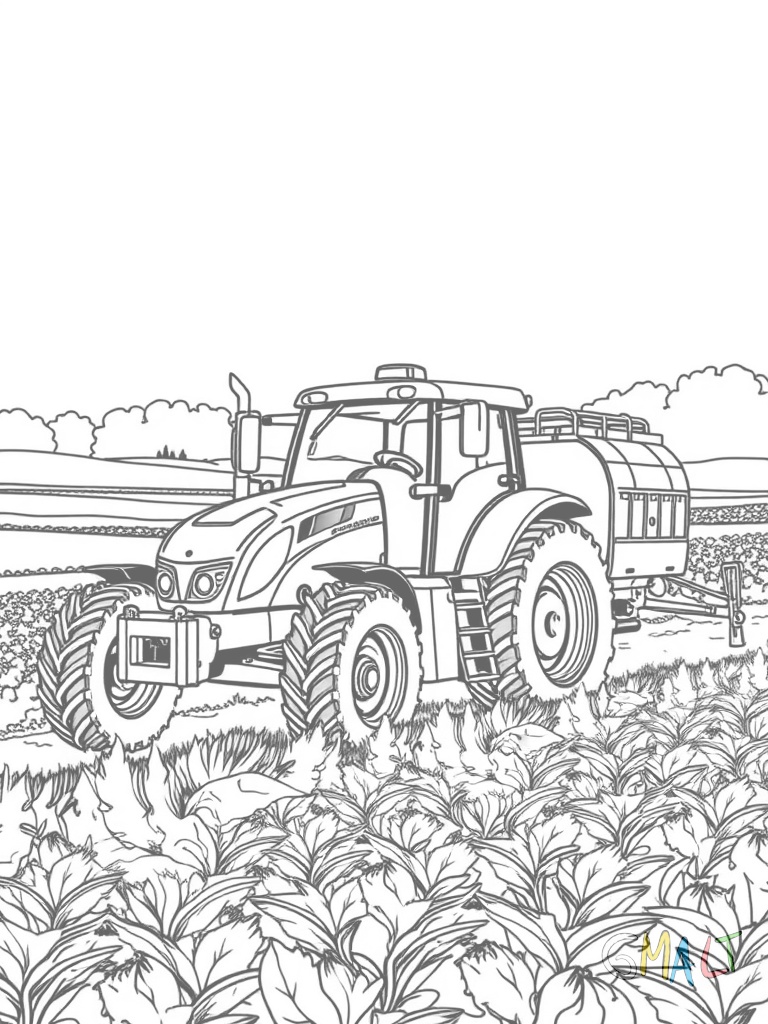 Ein Traktor mit Wasseranhänger bewässert junge Pflanzen auf dem Feld