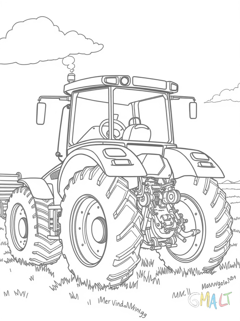 Ein Claas Traktor von schräg hinten mit angebautem Pflug. Die drei großen Pflugscharen sind deutlich zu erkennen. Der Traktor hat große Zwillingsreifen an der Hinterachse.