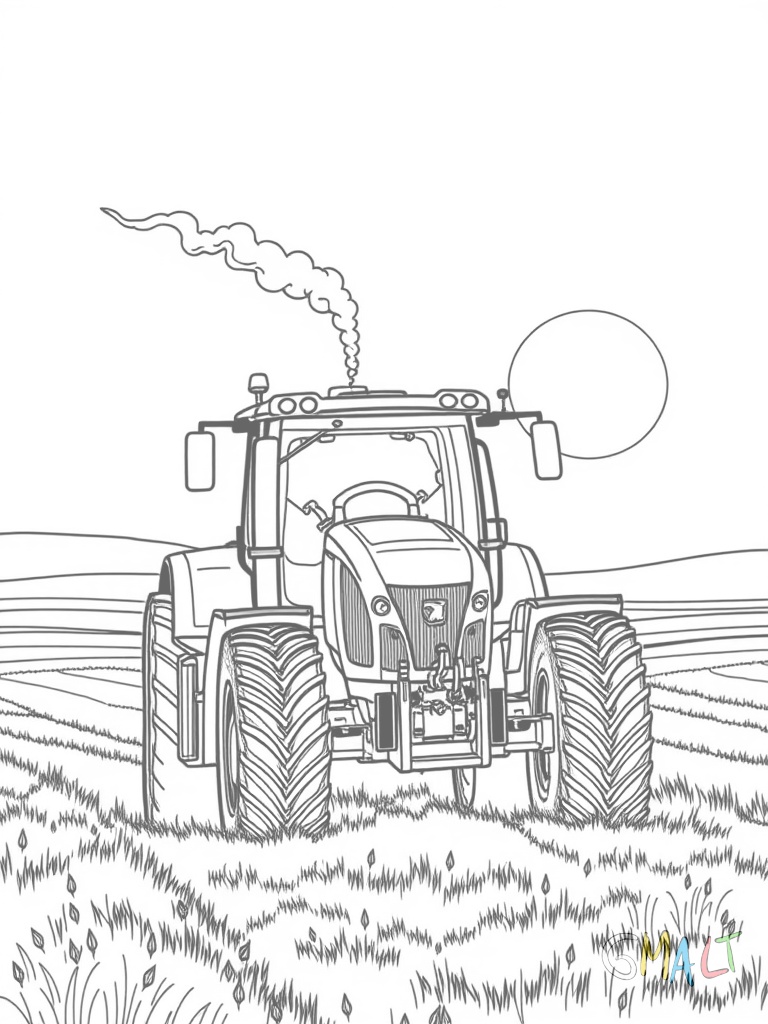 Ein Claas Traktor fährt über ein Feld. Vorne ist ein Frontlader mit hochgehobener Schaufel montiert. Aus dem Auspuff steigt eine kleine Rauchwolke auf. Im Hintergrund scheint die Sonne.