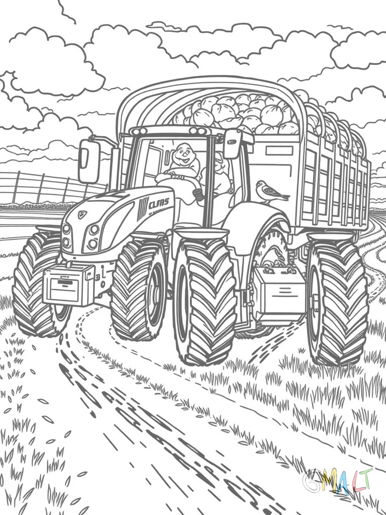 Ein Claas Traktor zieht einen großen Anhänger voller Heuballen. Die Räder des Traktors hinterlassen Spuren auf dem Feldweg. Ein kleiner Vogel sitzt auf dem Anhänger.