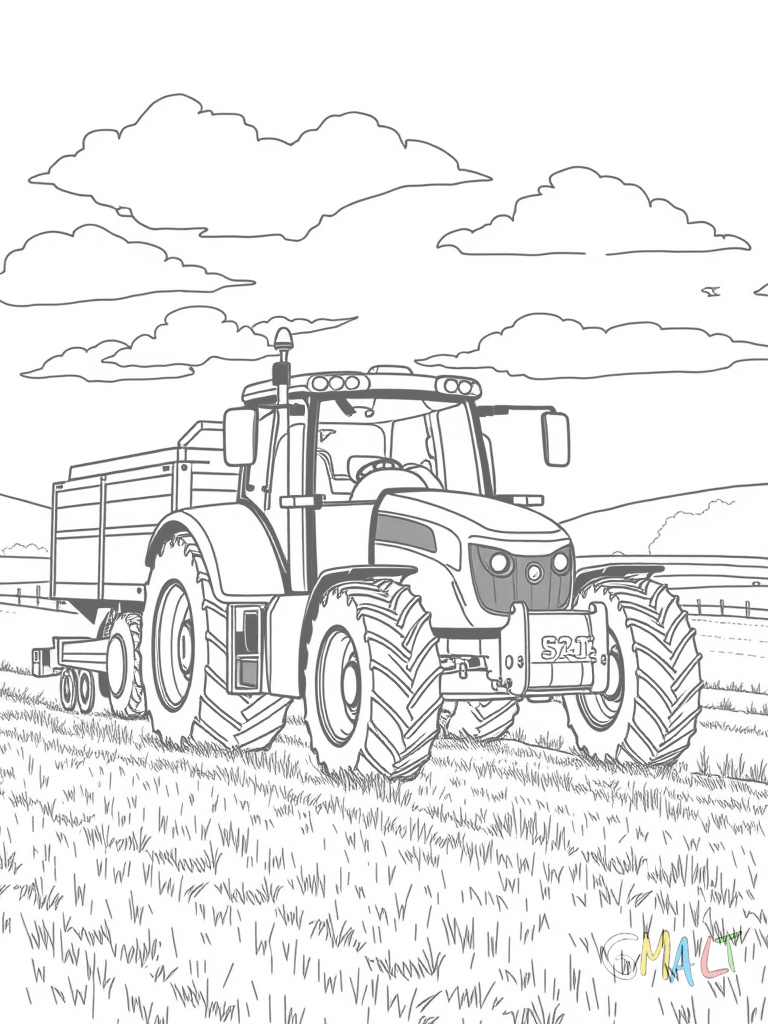 Ein Traktor streut Dünger auf dem Feld mit einem großen Streuanhänger