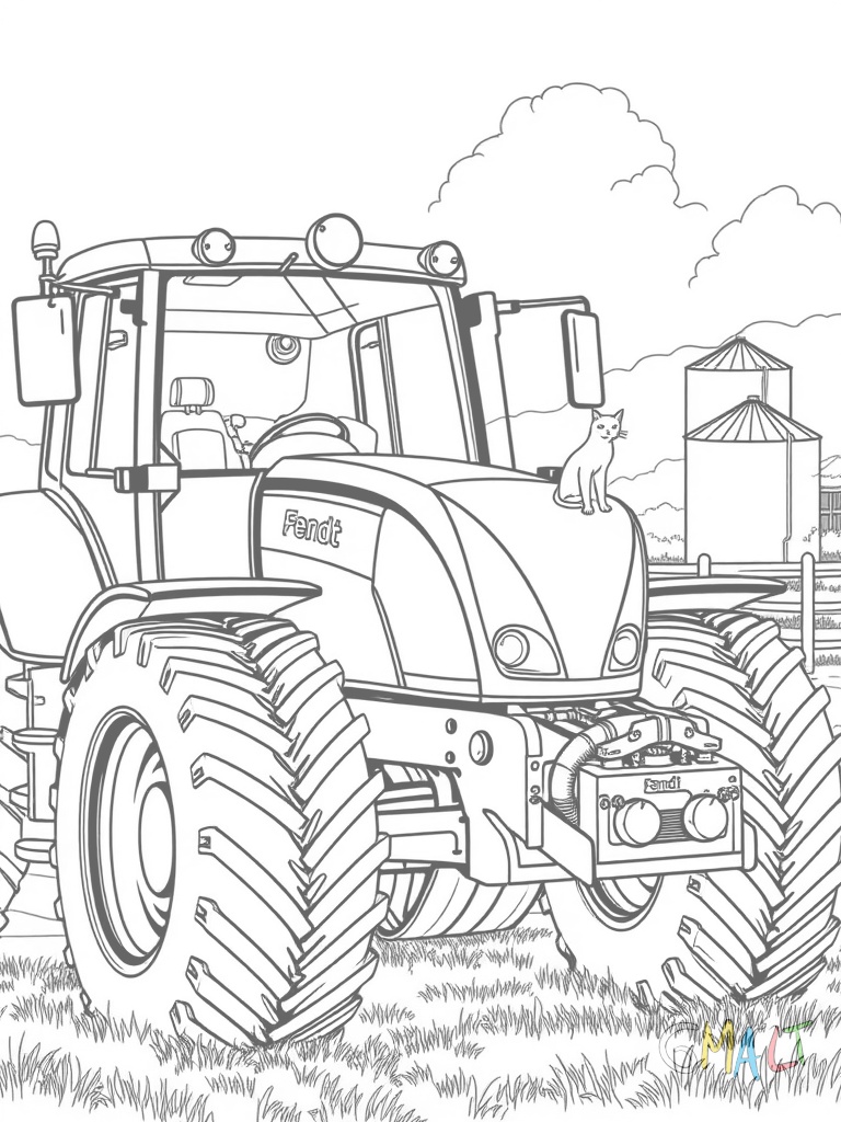 Ein Fendt Traktor steht auf dem Bauernhof. Im Hintergrund sind eine Scheune und ein Silo zu sehen. Eine Katze sitzt auf einem der großen Hinterreifen.