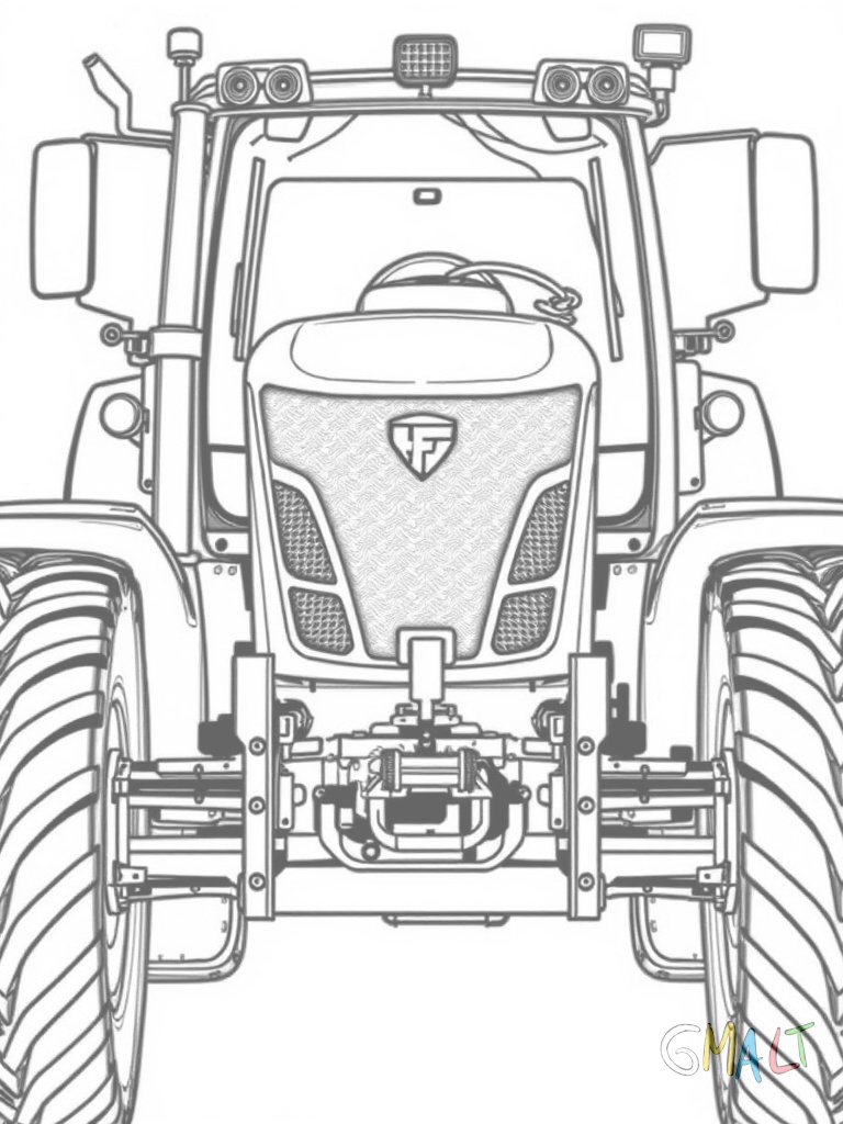 Ein Fendt Traktor von vorne mit eingeschalteten Frontscheinwerfern. Der Kühlergrill zeigt das markante Fendt-Logo. Die breiten Vorderreifen sind eingeschlagen.