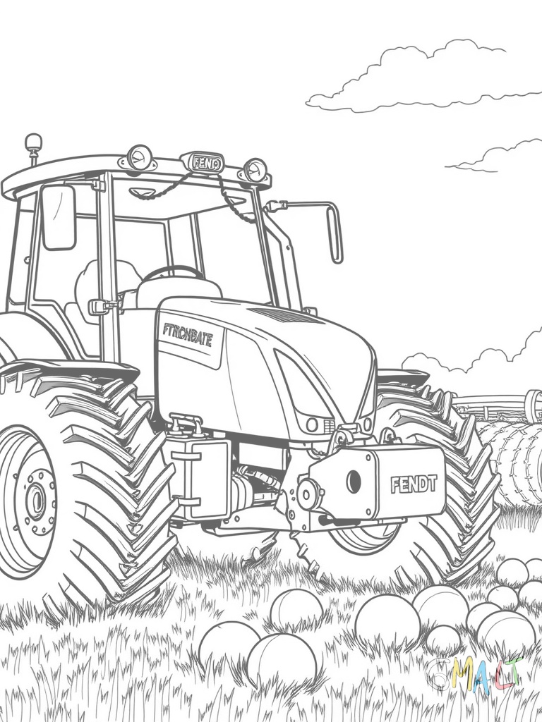 Ein Fendt Traktor von schräg hinten mit angehängter Strohpresse. Frisch gepresste Strohballen liegen auf dem Feld.