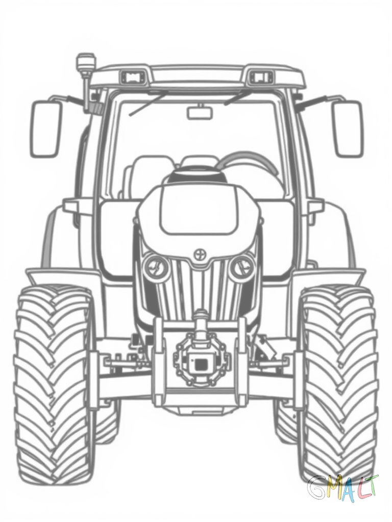 Ein moderner Traktor mit Fahrerkabine von vorne gesehen der Kühlergrill ist deutlich zu erkennen