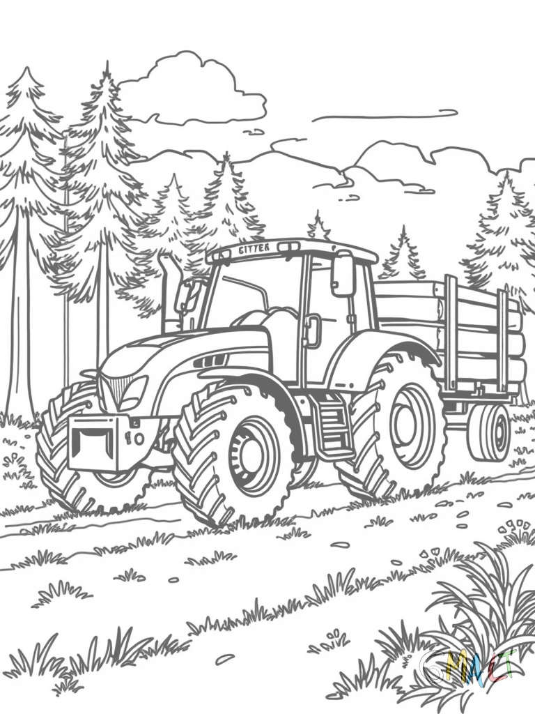 Ein Traktor transportiert Holzstämme auf einem speziellen Holzanhänger