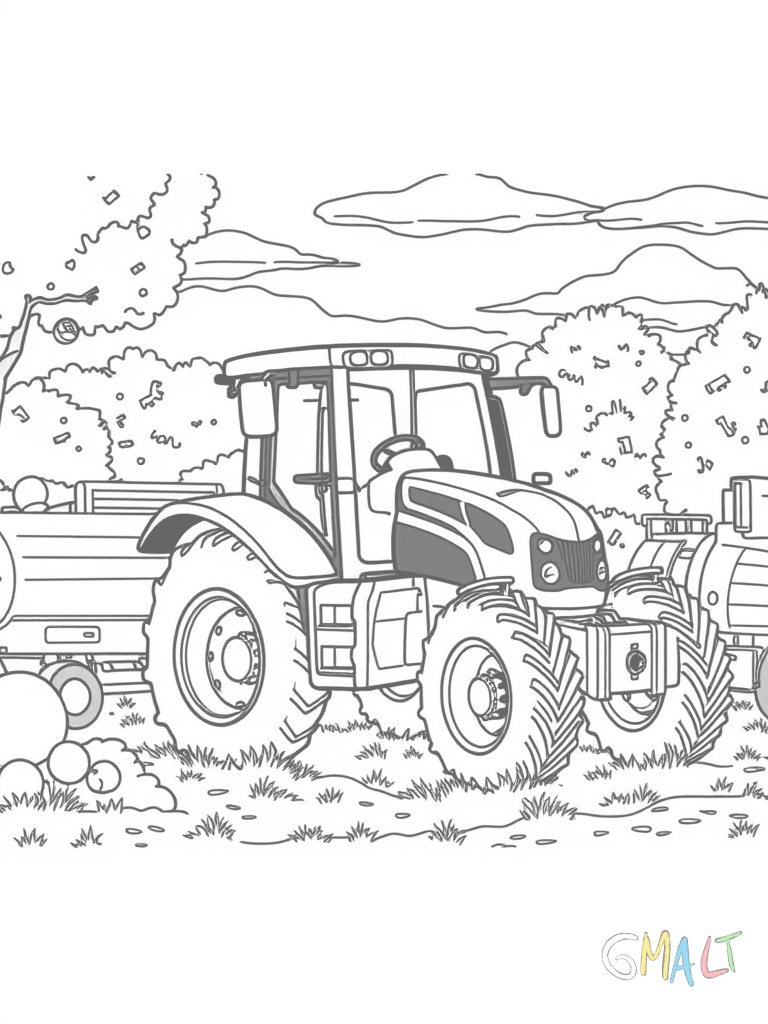 Ein Traktor steht in einer Scheune neben Heuballen und Werkzeug