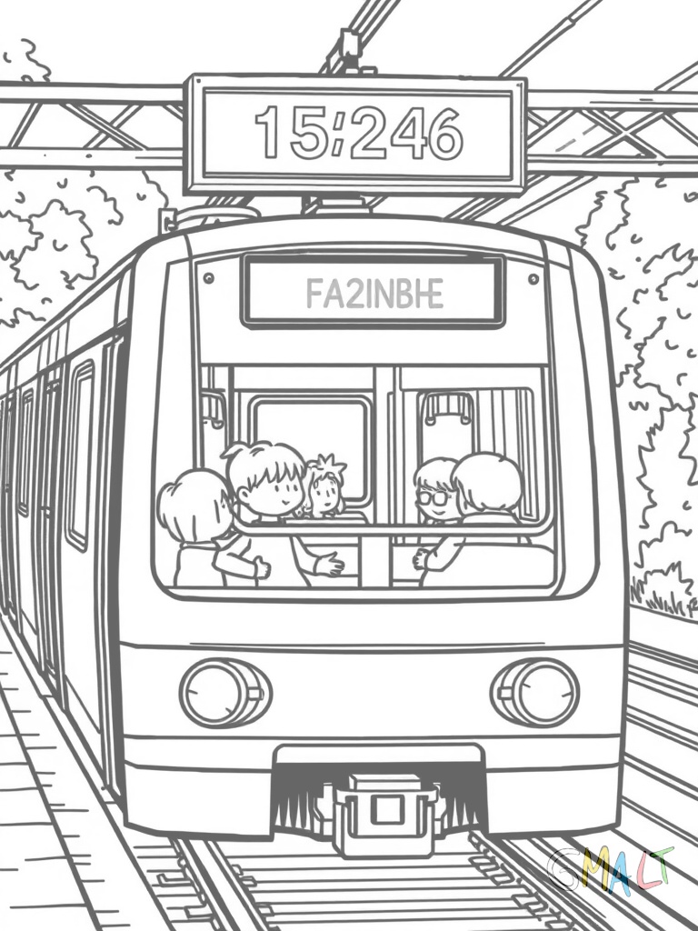 Eine U-Bahn steht an einem Bahnsteig. Mehrere kleine Fahrgäste steigen durch die geöffneten Türen ein und aus. Über dem Zug hängt eine große Anzeigetafel mit der Liniennummer.