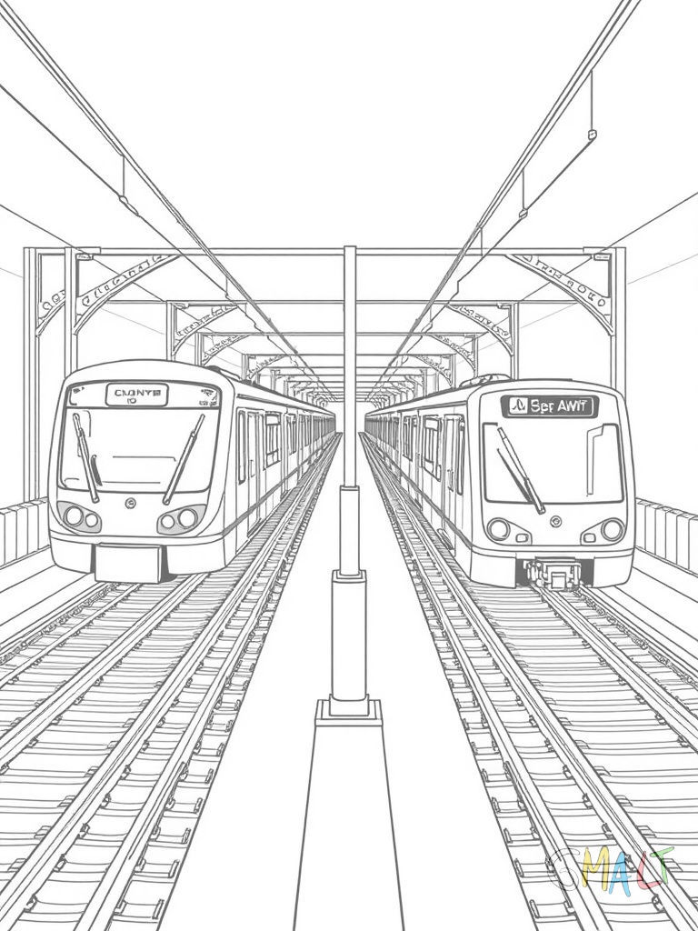 Zwei U-Bahnen begegnen sich auf parallel verlaufenden Gleisen. Eine fährt nach links die andere nach rechts. Zwischen den Gleisen stehen einzelne Stützpfeiler.