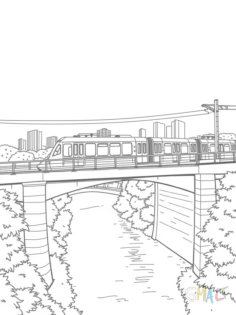 Eine U-Bahn fährt über eine erhöhte Brücke. Unter der Brücke ist ein Fluss zu sehen. Am Horizont sind einige Hochhäuser angedeutet.