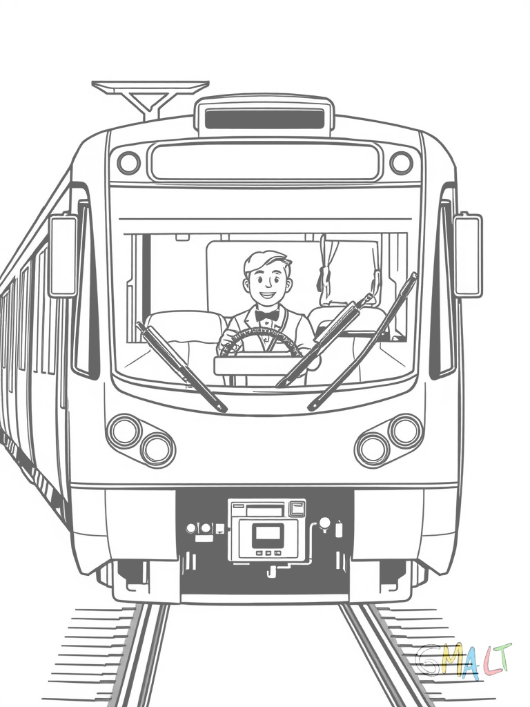 Eine U-Bahn von vorne gesehen mit großer Frontscheibe und zwei Scheinwerfern. Der Fahrer sitzt im Führerstand und winkt freundlich. Auf dem Dach ist eine Antenne zu sehen.