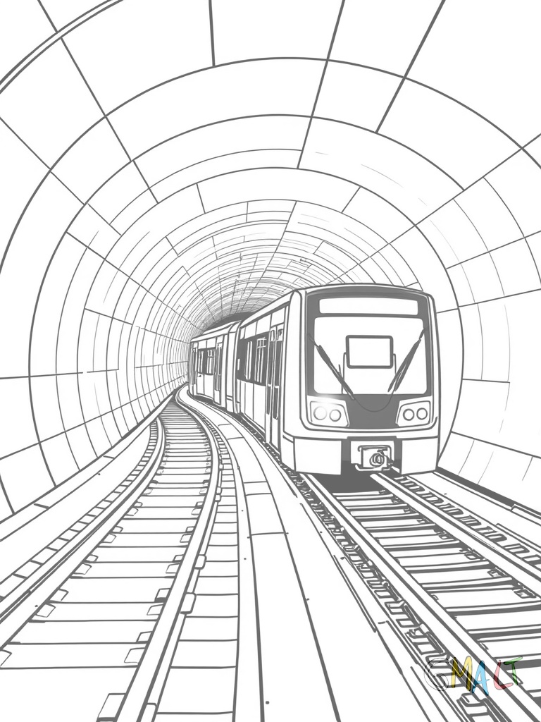 Eine moderne U-Bahn fährt von links nach rechts durch einen großen Tunnel. Die Scheinwerfer der U-Bahn leuchten hell und beleuchten die runden Tunnelwände. Auf den Gleisen sind Schwellen deutlich zu erkennen.