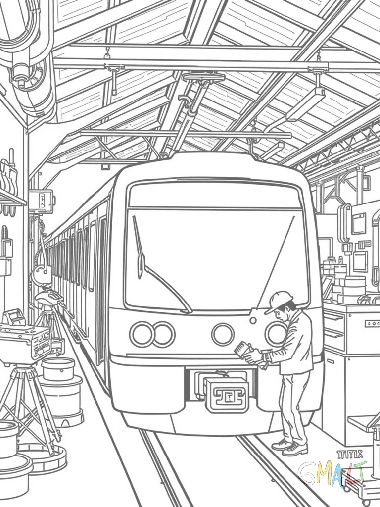 Eine U-Bahn steht in einem Depot. Daneben sind Werkzeuge und eine kleine Werkbank zu sehen. Ein Mechaniker arbeitet unter dem Zug.