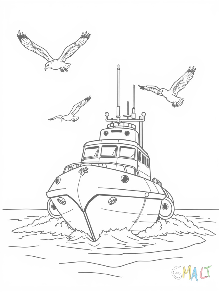 Ein U-Boot taucht aus dem Wasser auf. Der vordere Teil durchbricht die Wasseroberfläche während hinten noch Luftblasen aufsteigen. Möwen fliegen über dem Boot.