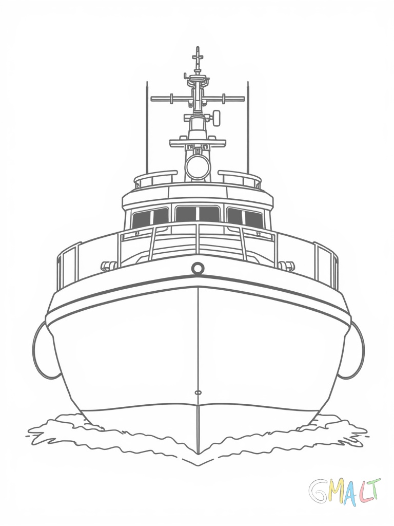 Ein U-Boot in Frontalansicht kommt direkt auf den Betrachter zu. Die runde Form des Rumpfes ist gut erkennbar. Das Periskop schaut nach oben.