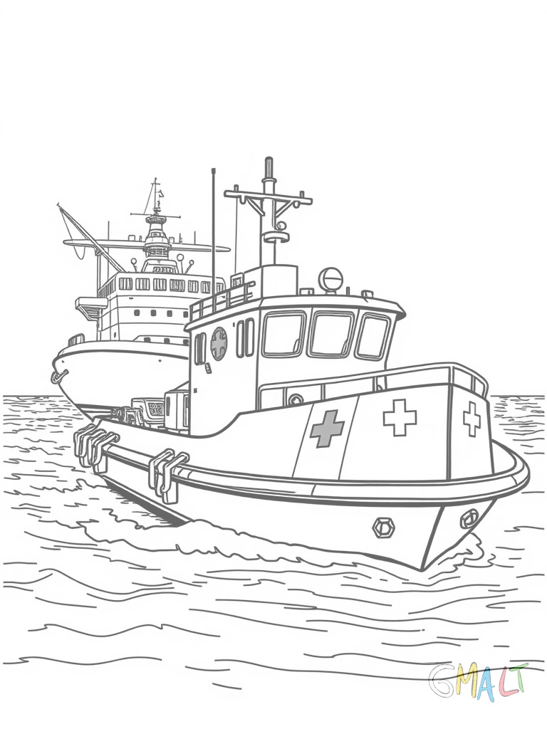 Ein Rettungs-U-Boot mit auffälliger rot-weißer Lackierung und Rettungskreuz-Symbol an der Seite nähert sich einem Schiffswrack.