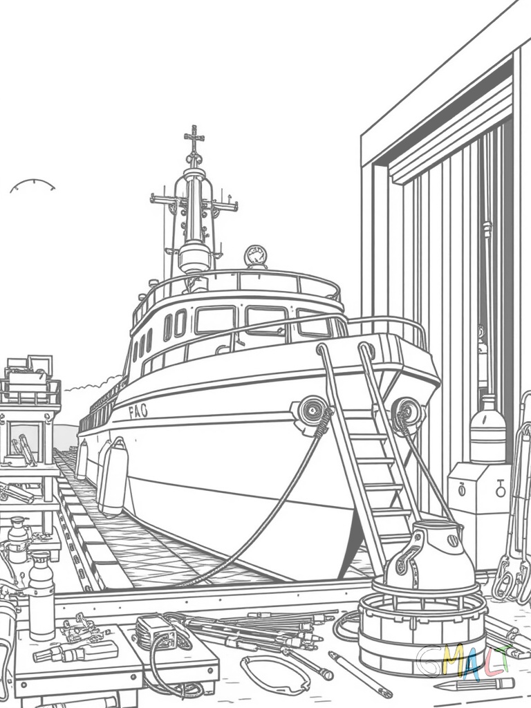 Ein U-Boot steht in einem Dock zur Wartung. Eine Leiter führt zum Einstiegsluk. Werkzeuge und Ersatzteile liegen bereit.