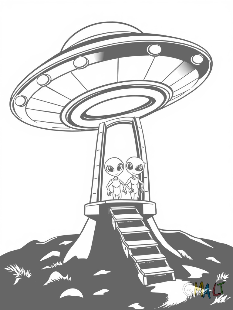 Ein geöffnetes UFO steht auf dem Boden. Eine Treppe ist ausgefahren und zwei kleine grüne Aliens mit großen Augen winken aus der Tür. Das UFO hat eine silberne scheibenförmige Form mit blinkenden Lichtern rundherum.