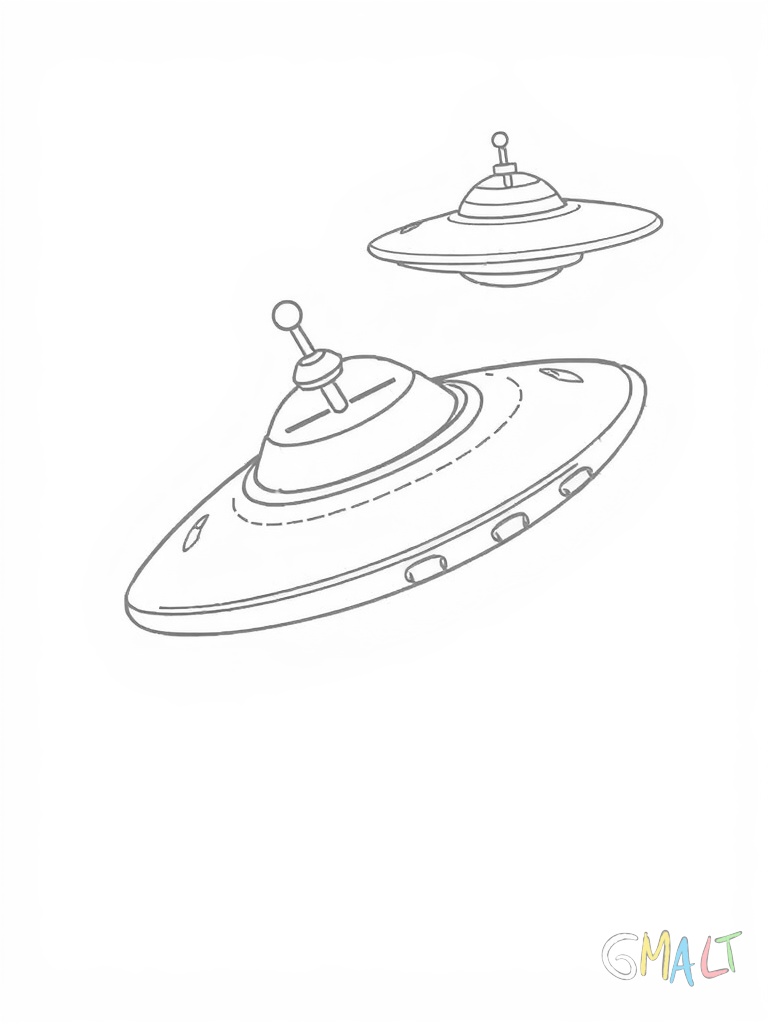 Ein UFO in Form eines Kreisels mit rotierenden Ringen in der Mitte fliegt diagonal nach oben rechts. An der Spitze ist eine blinkende Sonde angebracht. Am Heck sind drei Düsen aus denen Funken sprühen.