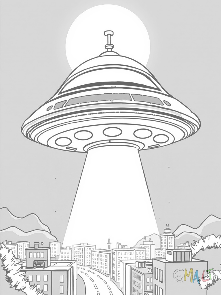 Ein UFO in Glockenform schwebt über einer Stadt bei Nacht. Am unteren Rand sind kreisförmig angeordnete Lichter zu sehen. Oben auf dem UFO sitzt eine rotierende Antenne. Ein Suchscheinwerfer leuchtet nach unten.