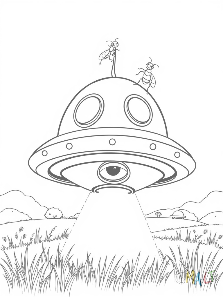 Ein freundlich aussehendes UFO mit großen runden Fensteraugen und einem lächelnden Eingang als Mund landet gerade auf einer Wiese. Kleine Landebeine fahren aus der Unterseite aus. Zwei Antennen wackeln oben auf dem UFO.