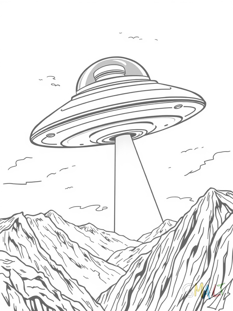 Ein klassisches fliegendes Untertassen-UFO schwebt über einer Bergkette. Das UFO hat eine runde Form mit einer Glaskuppel oben und drei blinkende Lichter an der Unterseite. Aus der Unterseite kommt ein grüner Lichtstrahl der nach unten leuchtet.