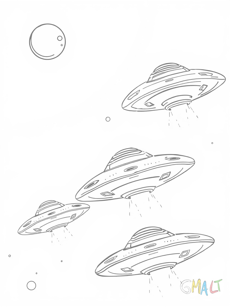 Drei verschiedene UFOs fliegen in Formation - ein rundes vorne ein dreieckiges in der Mitte und ein zigarrenförmiges hinten. Jedes UFO hat unterschiedlich angeordnete Fenster und Lichter. Die UFOs fliegen nach rechts.