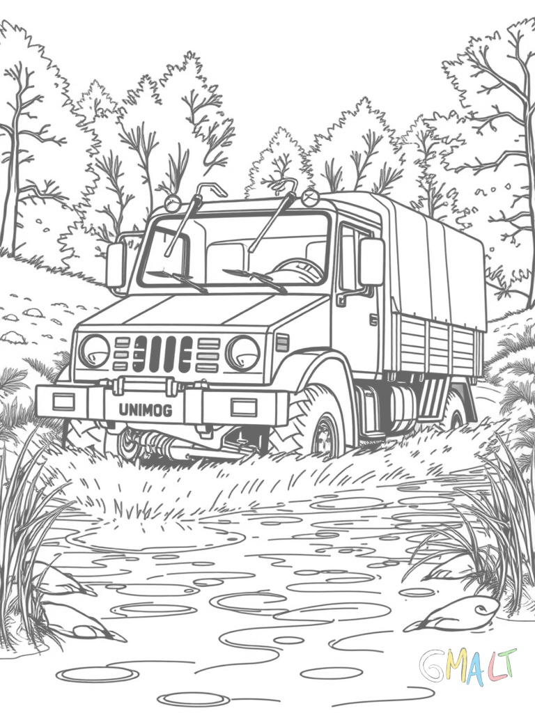 Ein Unimog durchquert einen Bach. Die großen Räder sind teilweise im Wasser. Kleine Wasserspritzer fliegen zur Seite. Im Hintergrund sind Bäume zu sehen.