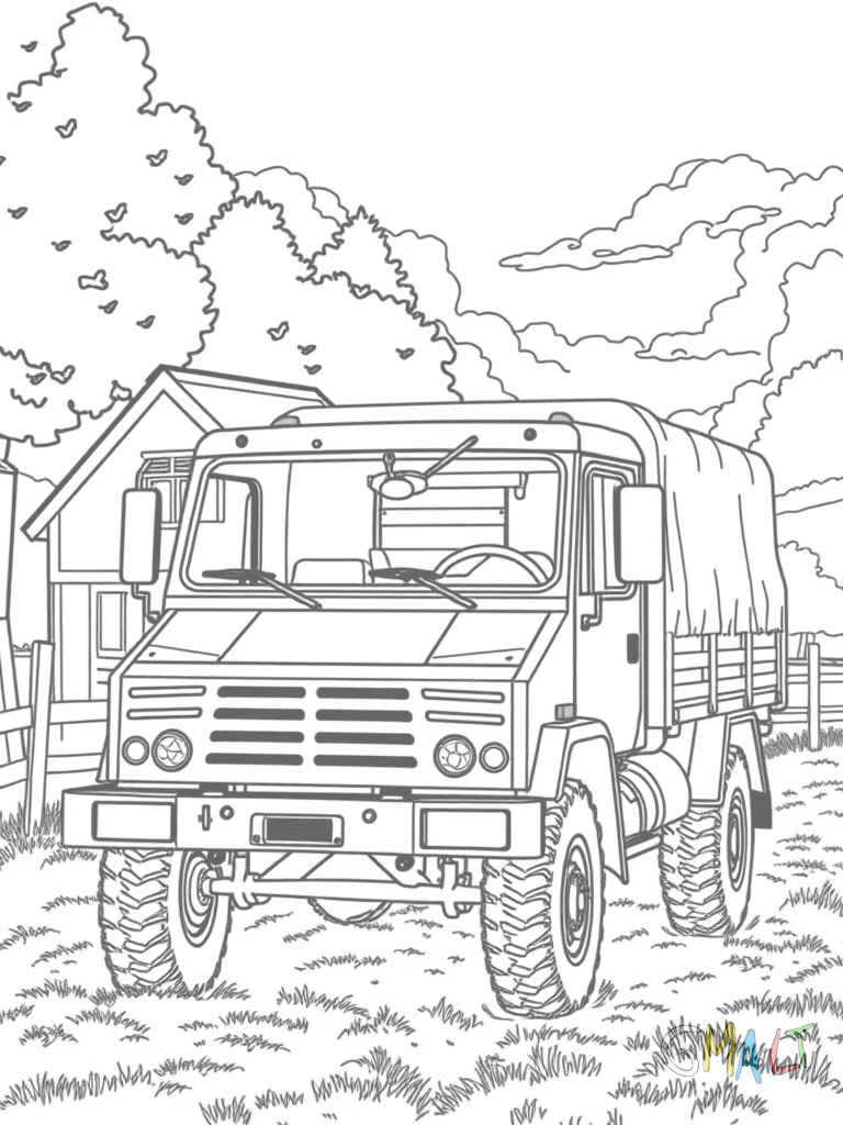 Ein Unimog steht auf einem Bauernhof neben einer Scheune. Auf der Ladefläche sind Heuballen gestapelt. Der Unimog ist von schräg vorne zu sehen mit offener Fahrertür.