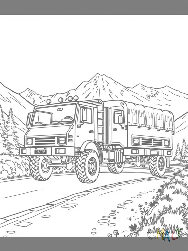 Ein Unimog fährt eine steile Bergstraße hinauf. Der robuste Lastwagen ist von der Seite zu sehen mit großen Geländereifen. Im Hintergrund sind Berggipfel zu erkennen.