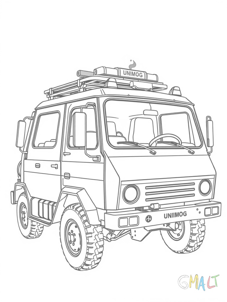 Ein Feuerwehr-Unimog mit Blaulicht auf dem Dach und typischer Feuerwehrausrüstung auf der Ladefläche. Der Wagen ist von der Seite dargestellt mit sichtbarer Leiter.