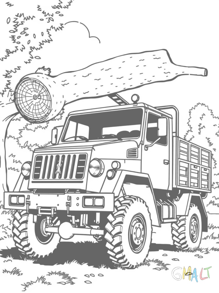 Ein Unimog mit Kranarm hebt einen schweren Baumstamm an. Der Kranarm ist ausgefahren und der Baumstamm schwebt in der Luft. Der Unimog steht stabil auf seinen Stützen.