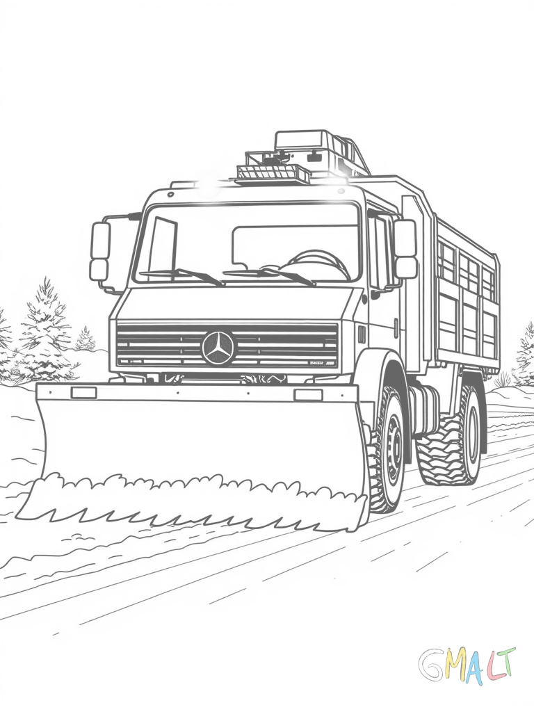 Ein Unimog als Schneepflug räumt eine verschneite Straße. Die große Räumschaufel vorne schiebt den Schnee zur Seite. Auf der Ladefläche ist ein Streugerät montiert.