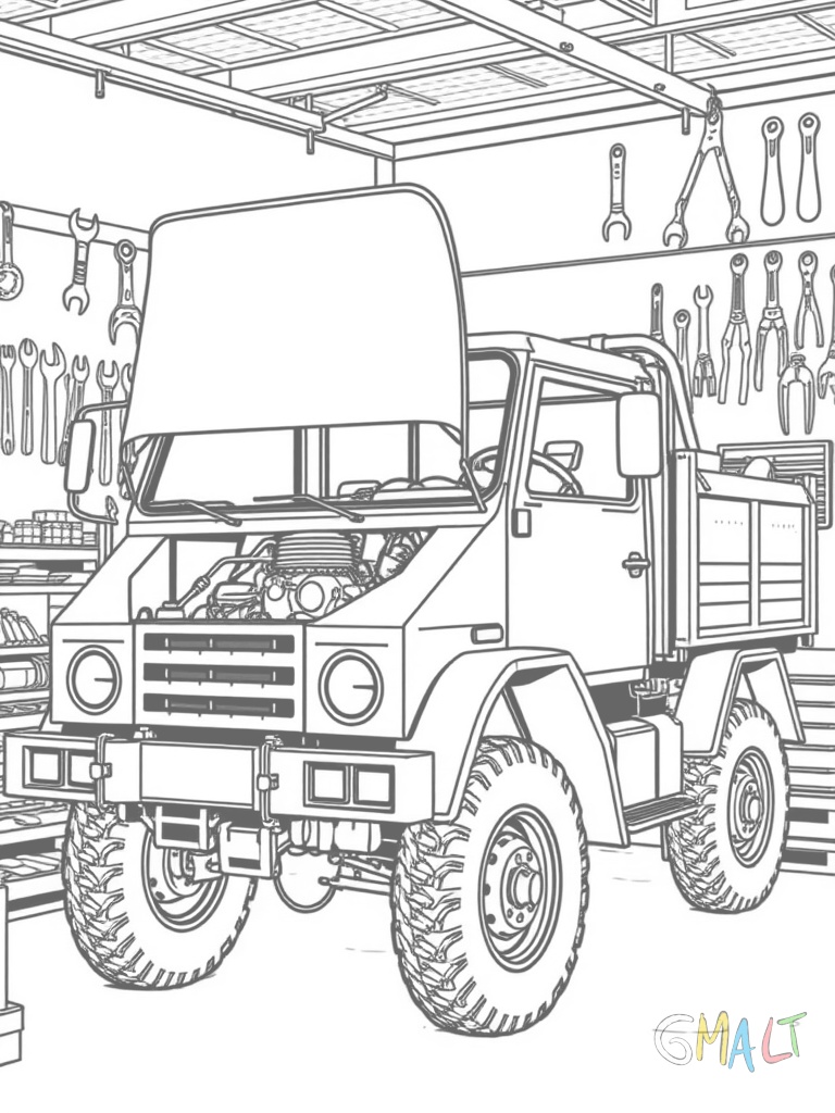 Ein Unimog steht in einer Werkstatt. Die Motorhaube ist geöffnet und zeigt den Motor. Ein Werkzeugkasten steht daneben. An der Wand hängen verschiedene Werkzeuge.