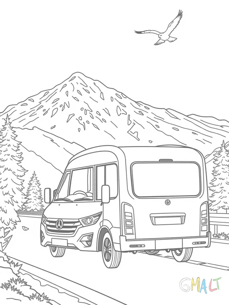 Ein modernes Wohnmobil fährt auf einer kurvenreichen Bergstraße. Im Hintergrund sind schneebedeckte Berggipfel zu sehen. Zwei Vögel fliegen am Himmel.