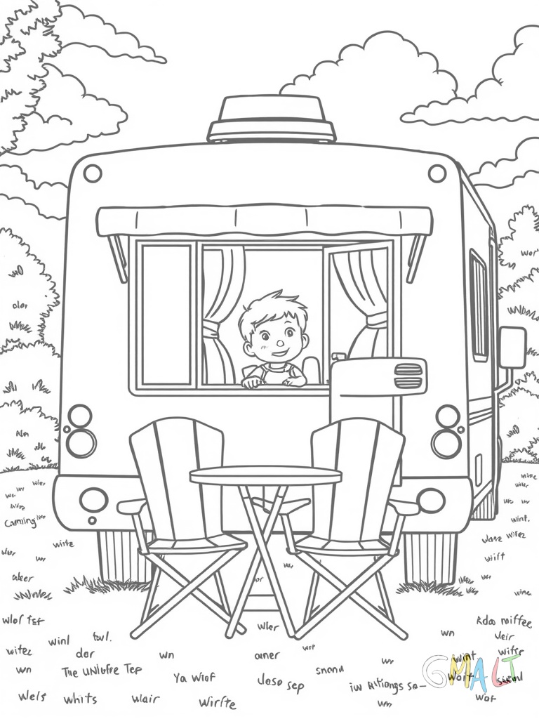 Ein großes Wohnmobil steht auf einem Campingplatz. Die Markise ist ausgefahren und darunter stehen zwei Campingstühle mit einem kleinen Tisch. Aus dem Fenster schaut ein fröhliches Kind und winkt.