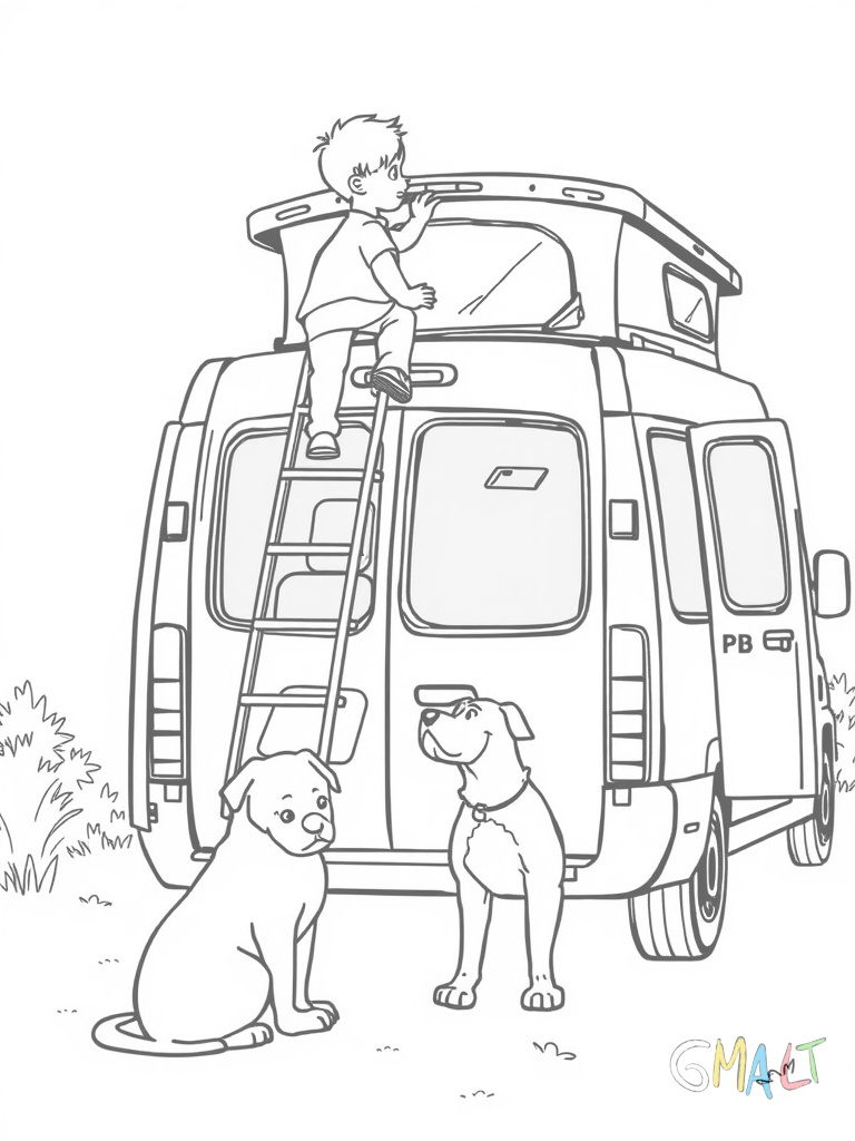 Ein Wohnmobil mit ausgefahrener Leiter an der Rückseite. Ein Kind klettert nach oben um das Dachzelt zu öffnen. Ein Hund sitzt daneben und schaut zu.