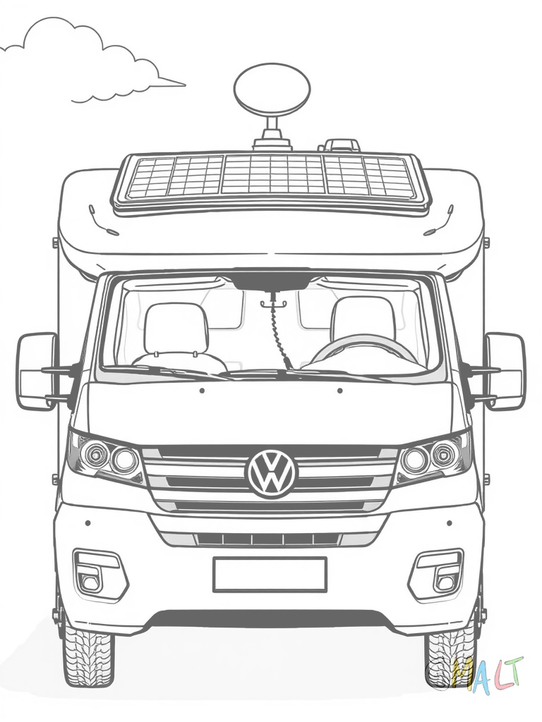 Ein Wohnmobil von vorne mit großer Windschutzscheibe und breiter Stoßstange. Auf dem Dach sind Solarpanele montiert und eine Satellitenschüssel.