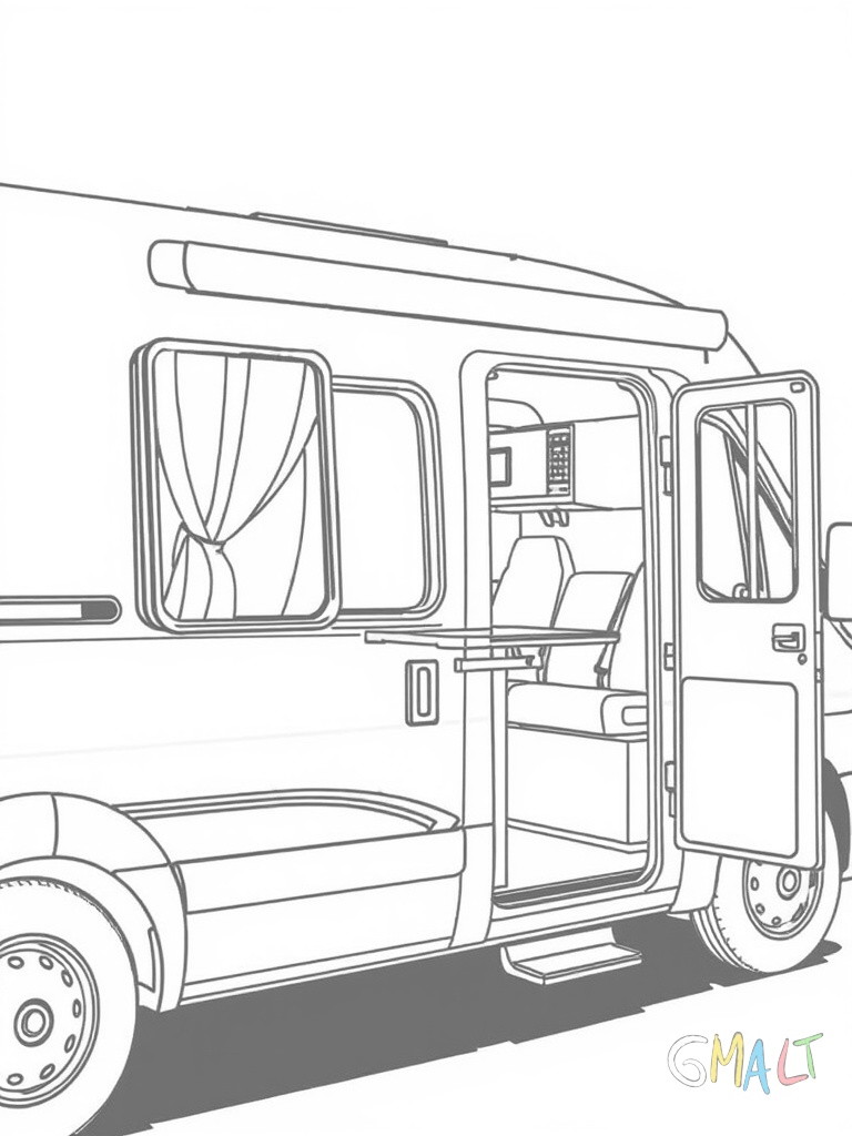 Ein Wohnmobil von der Seite mit geöffneten Fenster und Tür. Im Inneren sind Küchenzeile Tisch und Sitzbänke zu erkennen.