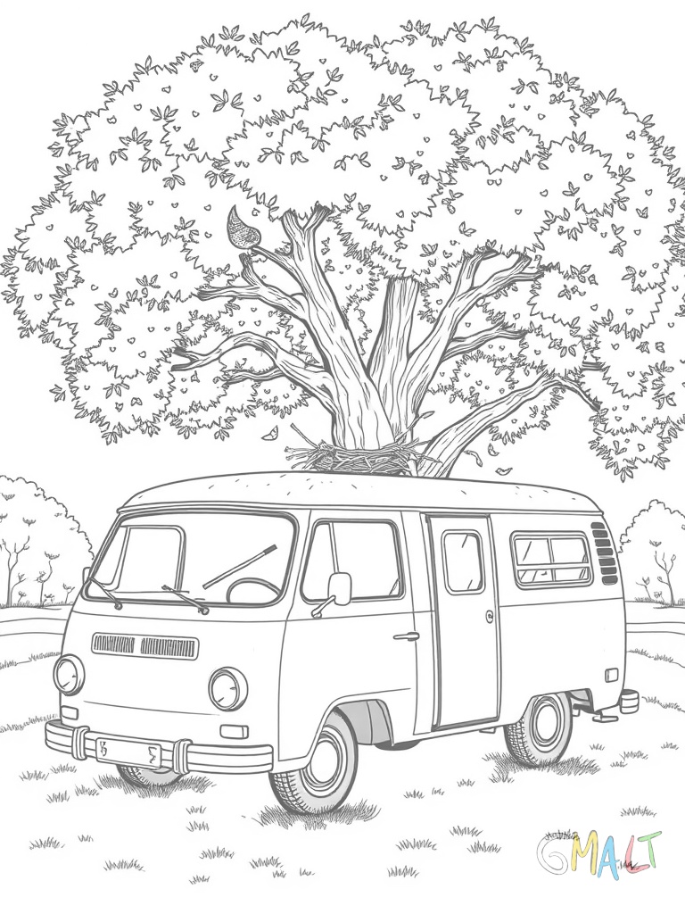 Ein klassisches Wohnmobil der 70er Jahre mit gestreifter Seitenwand steht unter einem großen Baum. Ein Vogelnest sitzt in den Zweigen.